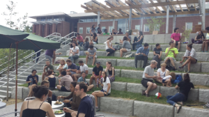 photo of people on the terraced grass steps eating a picnic